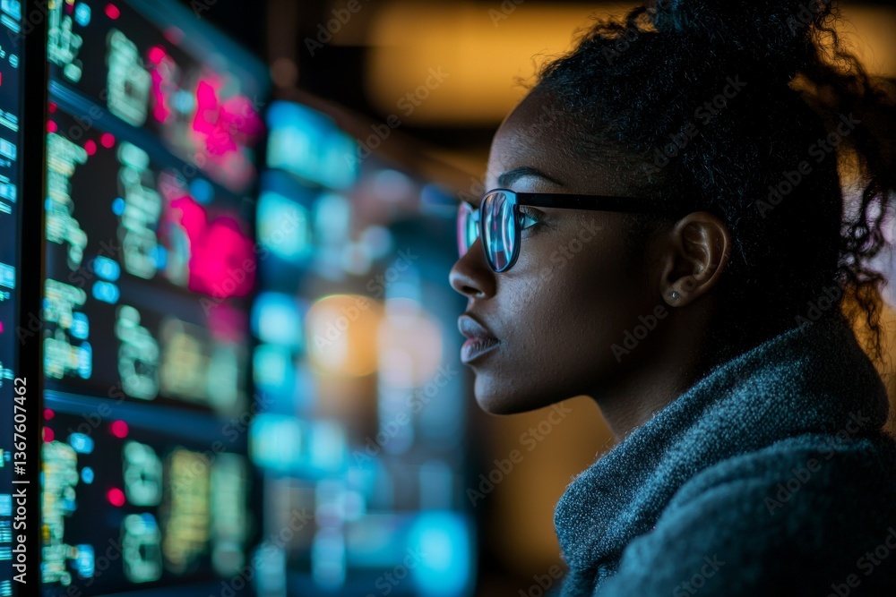 Poster a black female it developer is shown in a side view working on a computer in a dimly lit office, gen
