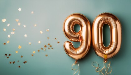 Banner with 90 number golden balloons with pastel background, copy space. Generated image