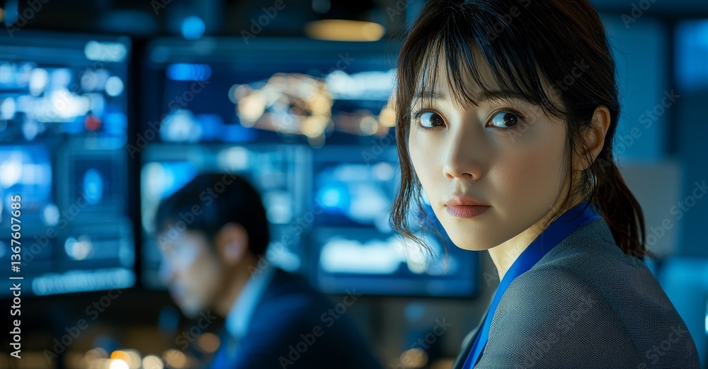 Poster a beautiful asian woman is working on a desktop computer in the cyber security software development 