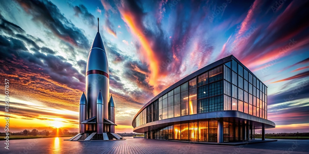 Aufkleber futuristic rocket launchpad architecture: modern building design with space exploration theme