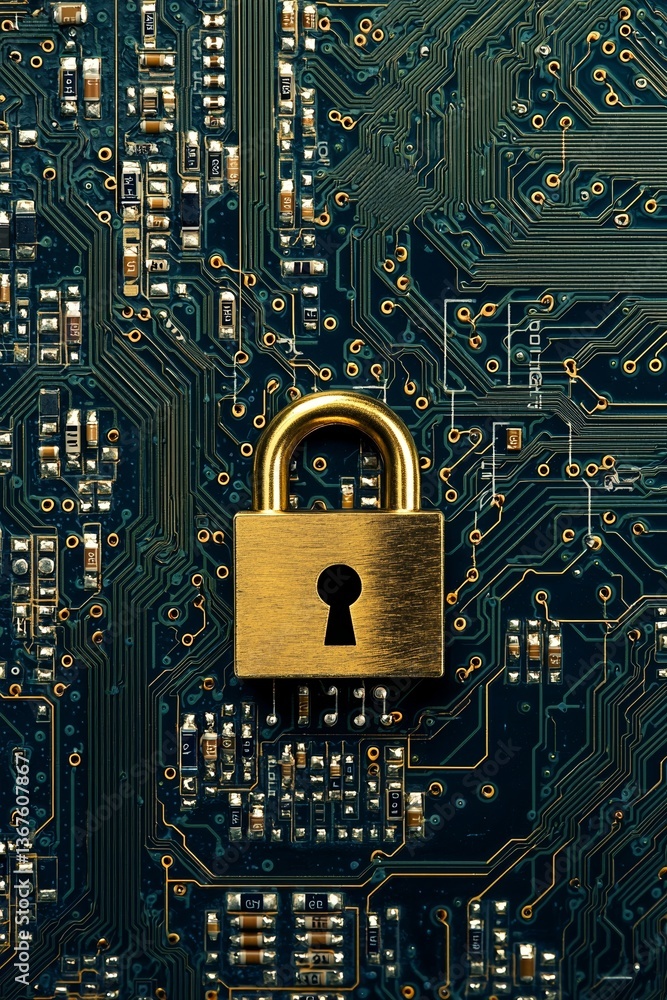 Poster the image of a padlock on a circuit board represents cybersecurity and generative ai