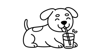 A Puppy's Delight: A cute puppy, drawn with simplicity and charm, slurps refreshing beverage from a glass with a straw