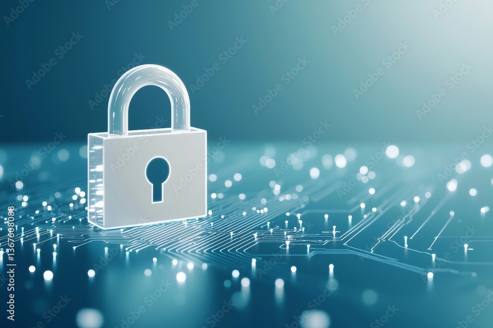 Poster concept of future technology, security, and cyber protection featuring a padlock with binary code on