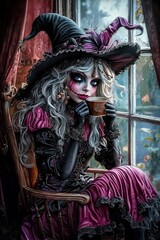Witch sitting on the chair by the window and drinking coffee. Vintage poster design. Generative Ai