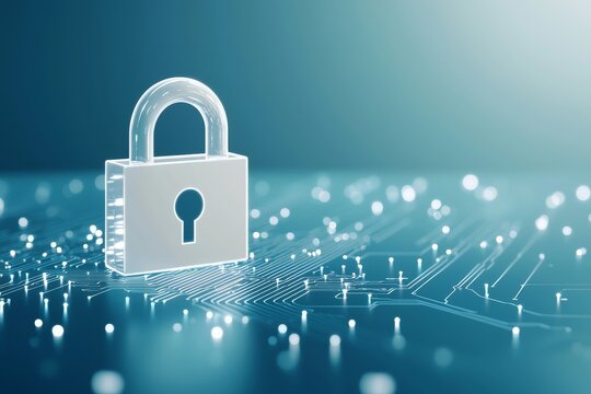 Concept of future technology, security, and cyber protection featuring a padlock with binary code on a circuit board against a white background, complete with space for an advertisement, rendered in