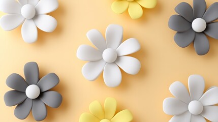 Fototapeta premium Vibrant decorative flowers in various colors on a soft yellow background.