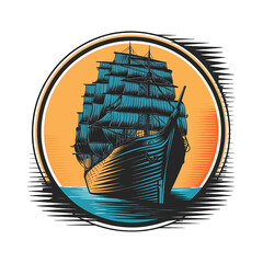 A black ship with sails sailing in the ocean vector illustration