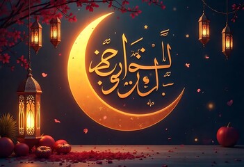 Stylish Ramadan Kareem Greeting with Golden Moon and Ornate Details isolated on transparent. PNG.