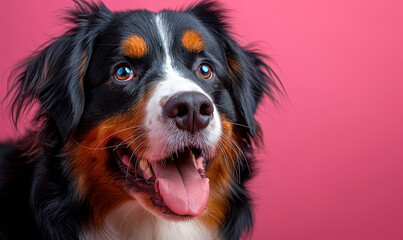 Fototapeta premium Funny Bernese Mountain Dog Against Bright Pink Background Appearing Happy with Tongue Out Capturing Joyful and Playful Mood for Pet Lover's Collection