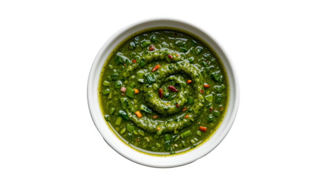 Fresh Green Chimichurri Sauce in White Bowl – Spicy Herb Condiment - Powered by Adobe