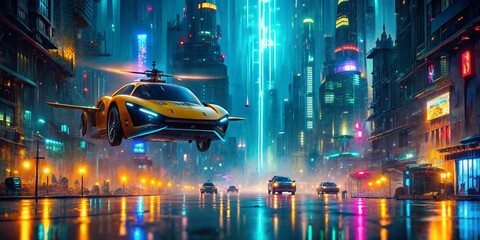 Futuristic Yellow Flying Taxi Cyberpunk Cityscape - AI Generated Stock Photo