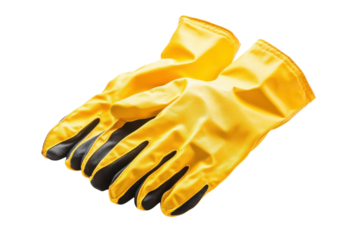 Bright yellow rubber gloves ready for cleaning tasks in a home setting on a pristine surface isolated on transparent background