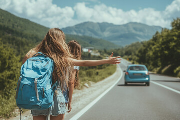 Two young women hitchhiking on a scenic mountain road, wearing casual summer outfits and backpacks, with a blue car approaching in the distance. Adventure, freedom, and travel vibes