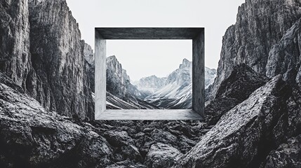 Fototapeta premium A stunning monochrome landscape framed by a concrete structure in rocky mountains.