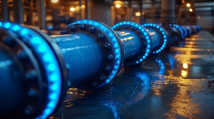 Obraz premium Long metal pipes lined with blue LED lights reflect off wet surfaces, showcasing advanced industrial design at night