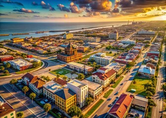 Naklejka premium Galveston Texas Aerial View: Historic Island Cityscape Drone Photography