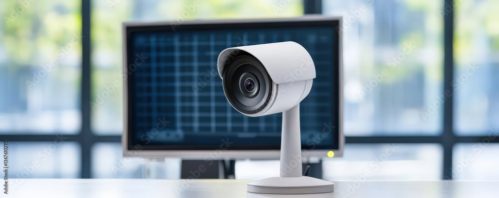 Poster legislation policy enforcement concept. security camera with monitor in modern workspace setting.
