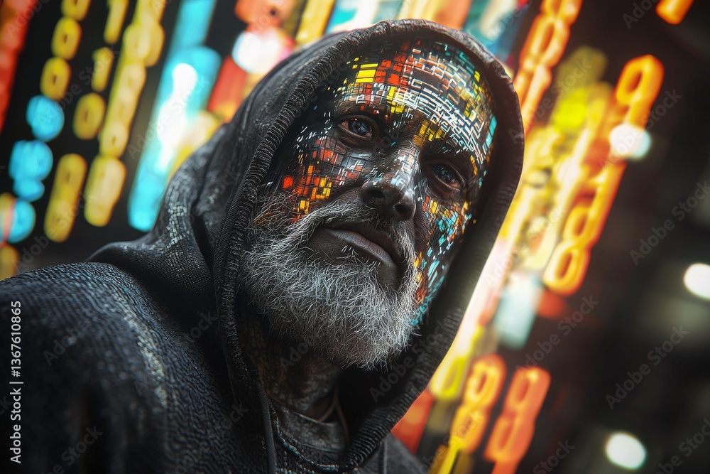 Poster a masked hacker is set against a dark backdrop and adorned with digital effects, classified as stock