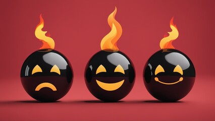 Three black bomb emojis with varying expressions on a red background