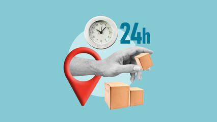 Day Urgency Express delivery Service. Delivery person holding parcels in a GPS pin and clock. 24h fast delivery and tracking service. Space for text