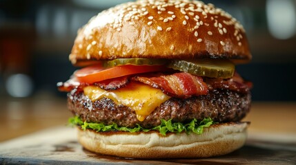 Delicious Hamburger with Bacon and Cheese on a Sesame Seed Bun