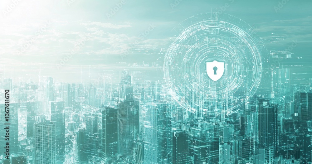 Poster a hologram of a cybersecurity shield with network circuit and digital lines
