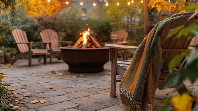 Cozy Outdoor Fire Pit Setting with Adirondack Chairs and Warm Blanket in Autumn Atmosphere