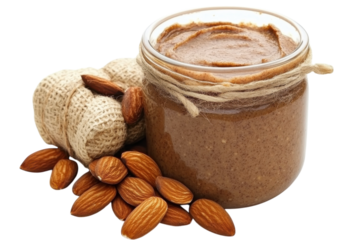 Delicious almond butter jar surrounded by fresh almonds and burlap for a rustic kitchen vibe isolated on transparent background