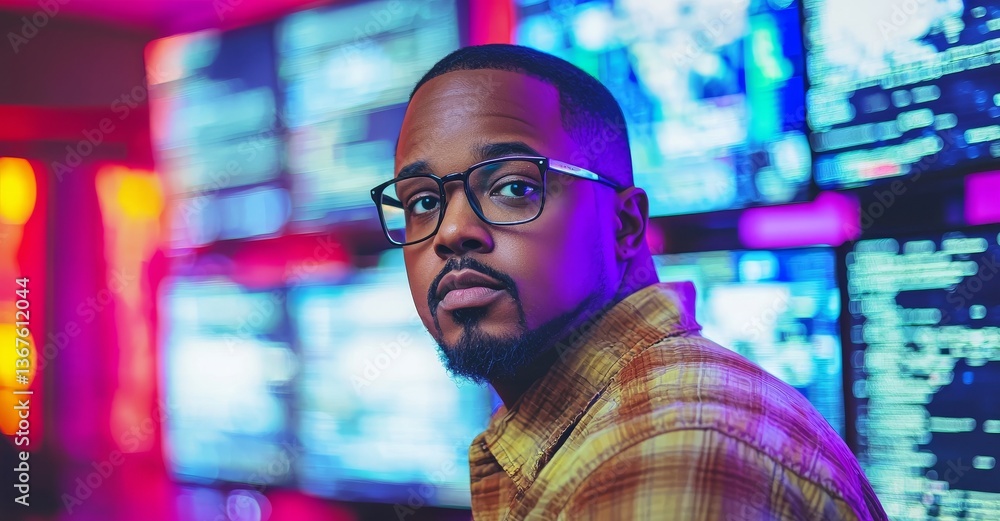 Poster a worried professional programmer is depicted in a close-up portrait as a young black man looking at