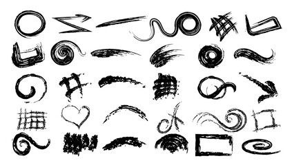 Grunge brush strokes, lines, ink smudges, hand-drawn scribble shapes. Handmade sketchy marks, acrylic stains, charcoal streaks. Paint textures, dry brush effect.Doodles, curls. Marker underline. 