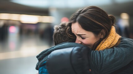 Emotional Reunion Between a Woman and a Child in a Busy Terminal Environment