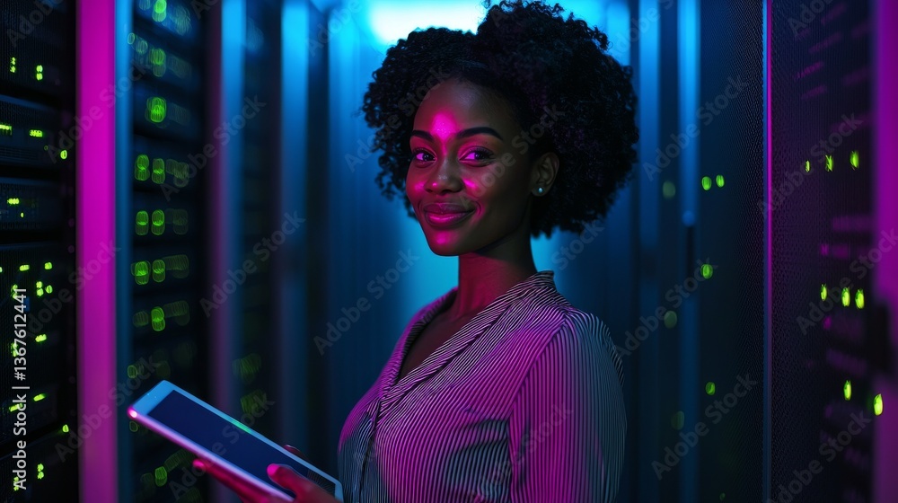 Poster a female e-business entrepreneur enjoys using a tablet computer in a large cloud computing server fa