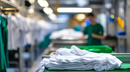 Clean White T-Shirts Piled on Green Bins in Laundry Facility with Blurred Background Workers