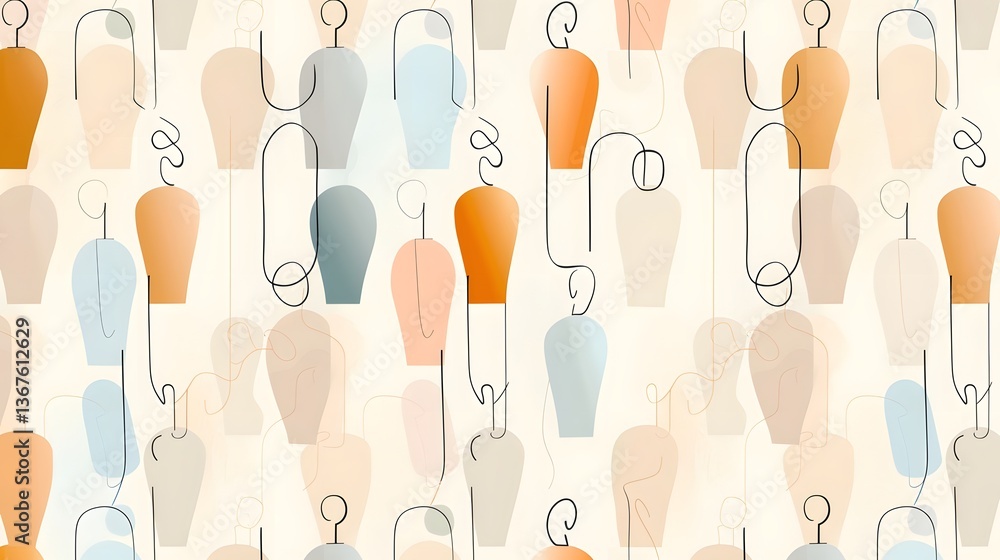 Poster minimalist continuous line pattern of abstract human figures seamlessly flowing across a neutral bac