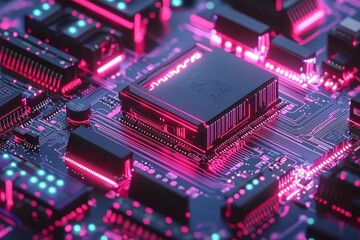 Fototapeta premium A secure connection is established through the cybersecurity service, which features an image of a computer motherboard up close, with safety emphasized by a lock symbol and verified credentials