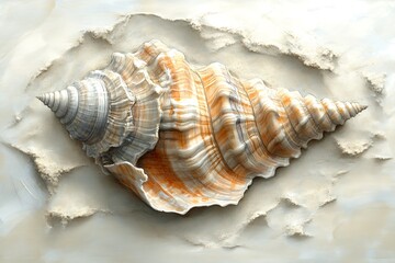 A detailed sketch of a seashell lying on a sandy beach, capturing the intricate details of its design