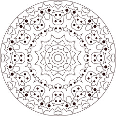 A detailed black and white mandala with a central circular pattern, radiating lines, and petal-like shapes. The intricate design features geometric symmetry, depth, and a traditional, elegant aestheti