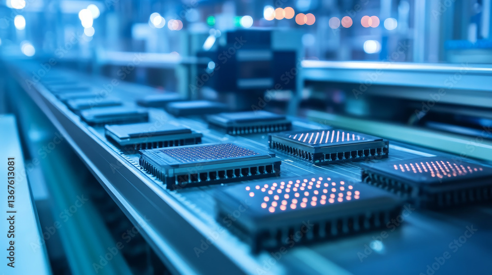 Poster microchip on conveyor line during production and packaging process on semiconductor fab. advanced co