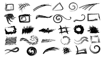 Quirky scribbles set doodle scribbles Kid's drawings, hand drawn childish funky shapes, crayon drawn squiggles and scrawls. Creative abstract vector messy doodles a funny set of icon symbols.