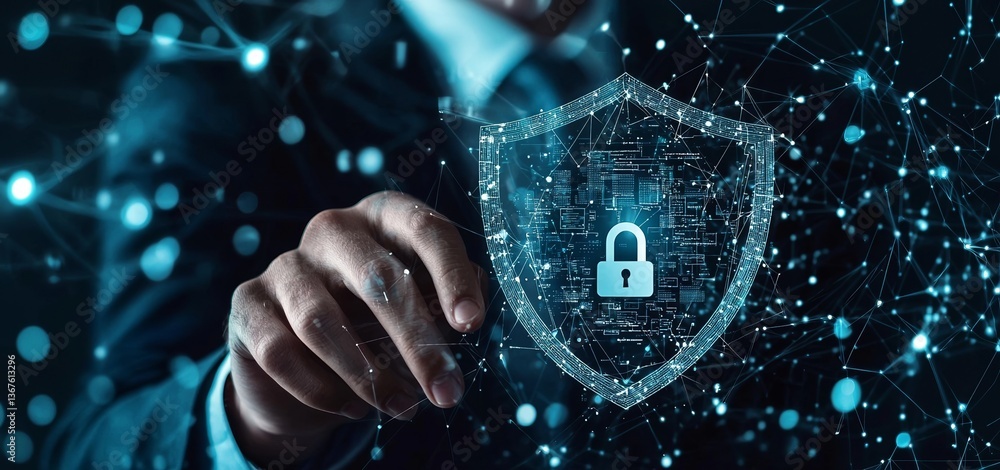 Poster the concept of cybersecurity on the internet involves locking down and marking secure data to protec