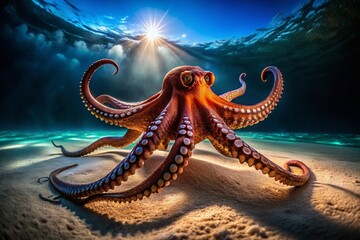 Fototapeta premium Giant Pacific Octopus Underwater Scene: Glowing Tentacles on Ocean Floor