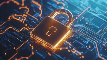 A lock is set against a vibrant blue and green glow of data, symbolizing the core of cybersecurity and the protection of personal information, highlighting digital safety awareness