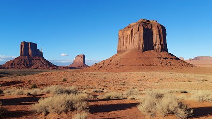 Exploring Iconic Monument Valley Landscape with Red Rock Buttes and Blue Sky