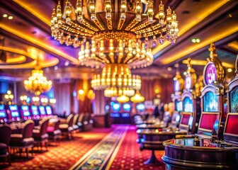 Obraz premium Glamorous Casino Nightlife: Tilt-Shift Chandelier & Slot Machine