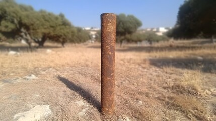 Fototapeta premium Rustic Rusty Metal Pipe in Dry Grassland Landscape