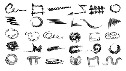 A collection of black icons, scribbles, blotches, and pencil-drawn doodles. Chalk graphics and black ink stencils make up this unique collection of black ink art.