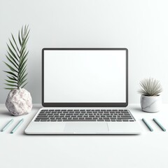 Fototapeta premium empty frame A sleek laptop on a minimalist desk surrounded by green plants, perfect for a modern workspace or productivity.