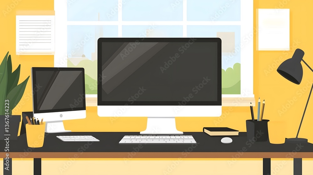 Aufkleber organized and minimalist remote work home office setup with multiple computer screens and other esse