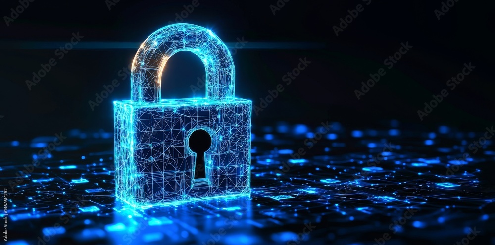 Poster an electronic circuit with a neon padlock signifies the concept of cybersecurity, which involves the