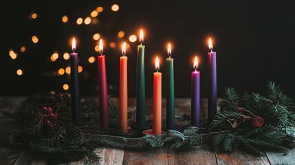 Festive candles burning brightly on wood, bokeh background, holiday